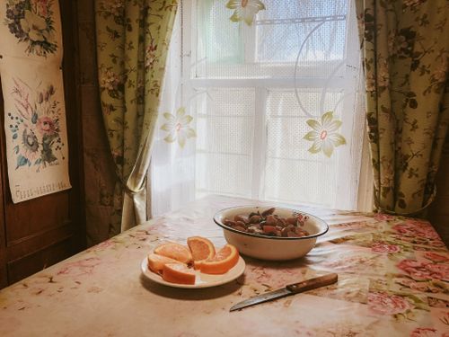 Free A charming indoor scene featuring sliced citrus fruits on a floral tablecloth with soft natural light through lace curtains. Stock Photo
