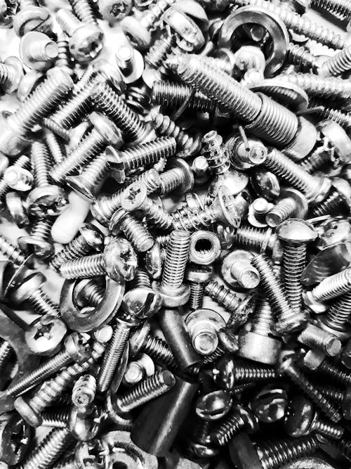 Black and White Photo of Bolts and Nuts 