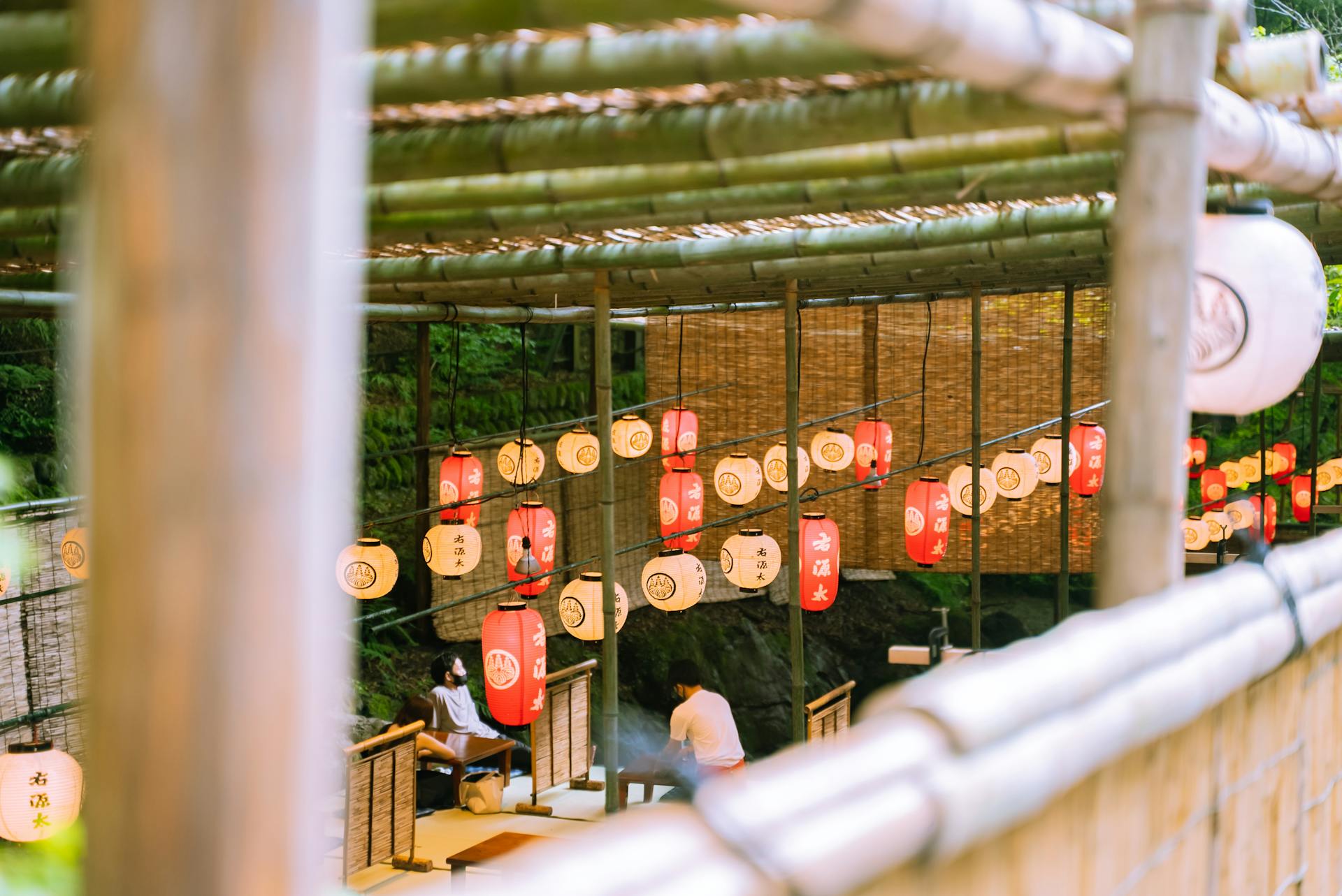 Lanterns and People in Japanese Restaurant