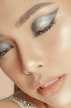 Detailed close-up of a woman wearing metallic eye shadow and flawless makeup.