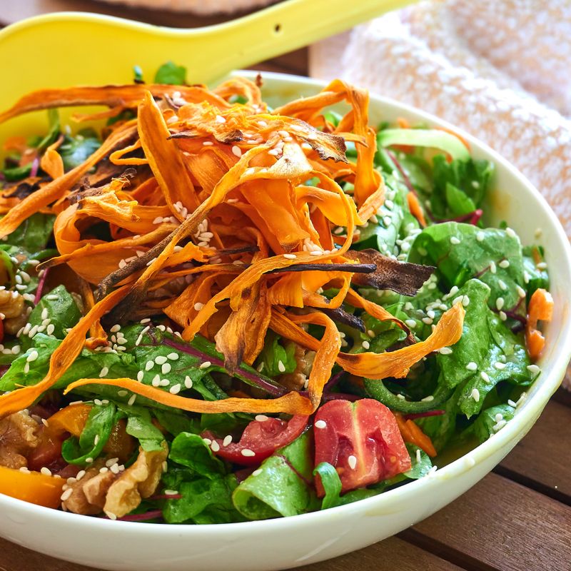 Spinach Salad with Roasted Sweet Potato and Sunflower Seeds