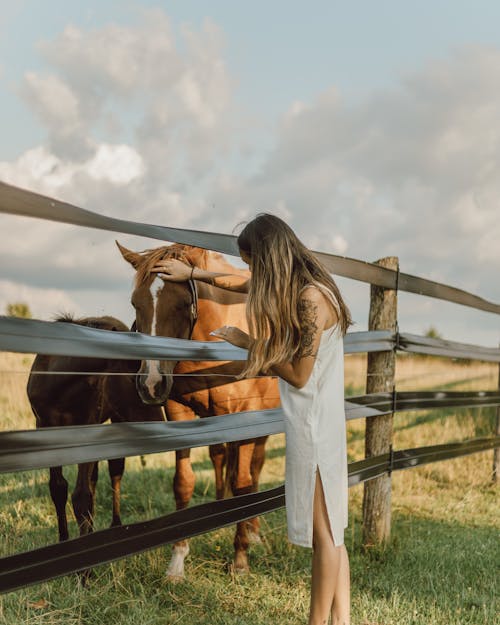 Woman in White Dress Standing Beside Brown Horse