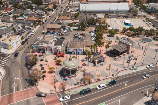 Vibrant aerial shot of Mariachi Plaza in Boyle Heights, showcasing the urban Los Angeles landscape.
