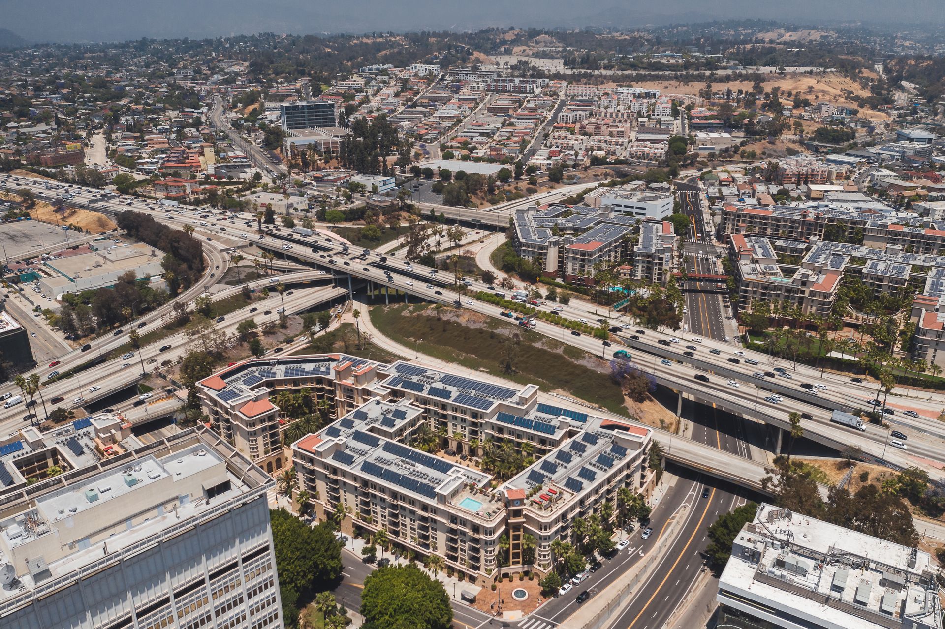 Stunning aerial shot capturing the sprawling highways and urban landscape of Los Angeles.