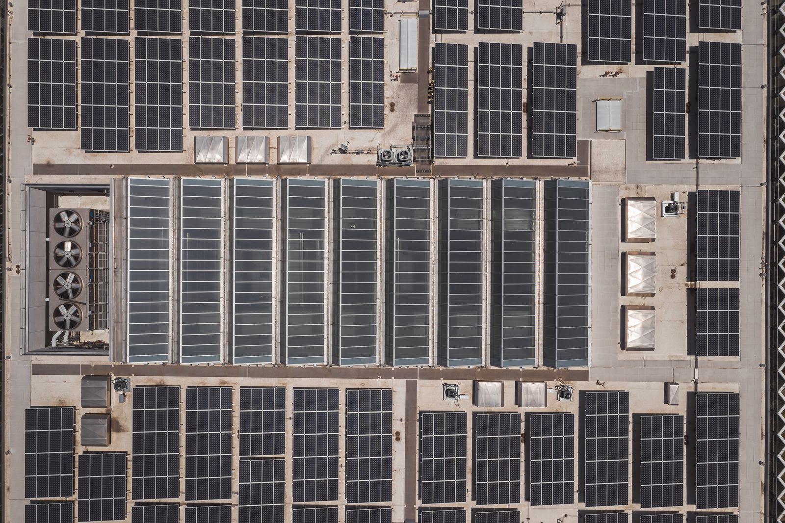 Drone view of rooftop solar panels