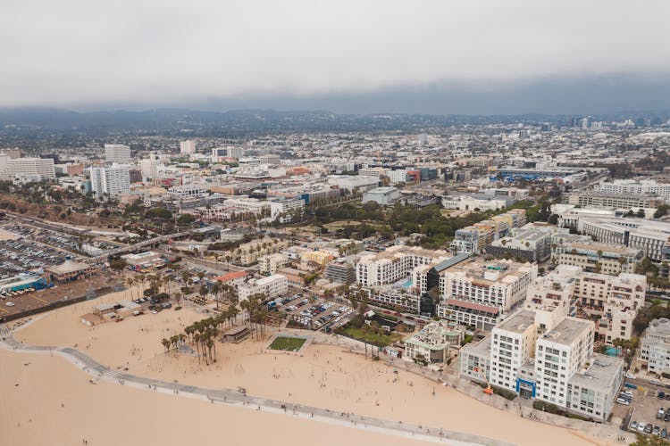 An Aerial Shot Of Buildings By The Santa Monica Beach