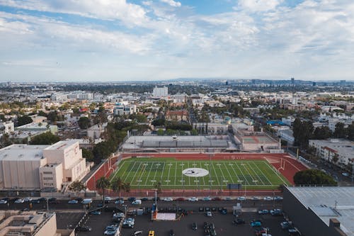 binalar, drone çekimi, Futbol stadyumu içeren Ücretsiz stok fotoğraf