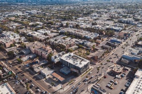 Free Aerial photograph showcasing the dense urban sprawl and road networks of Los Angeles. Stock Photo