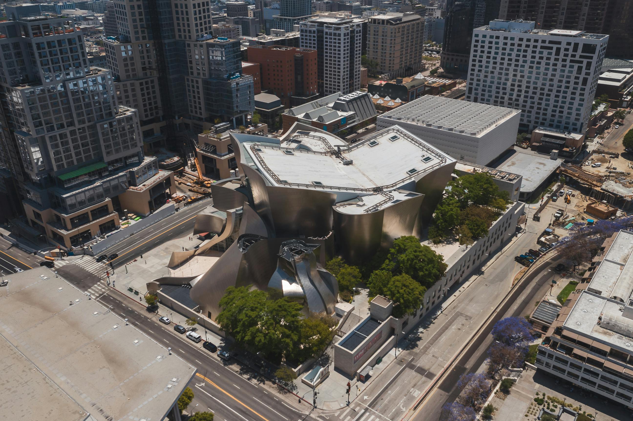 aerial shot of city walt disney concert hall los angeles california usa