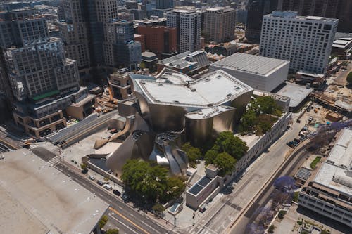 Aerial Shot of City, Walt Disney Concert Hall, Los Angeles, California, USA