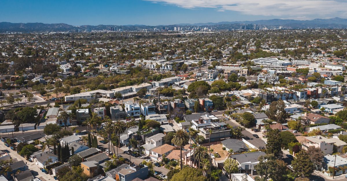 Aerial image capturing a sprawling residential area with a distant city skyline under a clear blue sky.