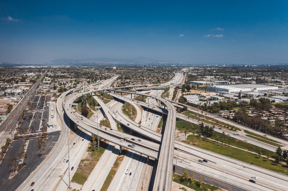 Spectacular Hollywood Sign and Coast 35-Minute Helicopter Tour in Los Angeles Review Review 2026 - Aerial shot of sprawling highway overpasses in Los Angeles, capturing urban landscape and infrastructure.