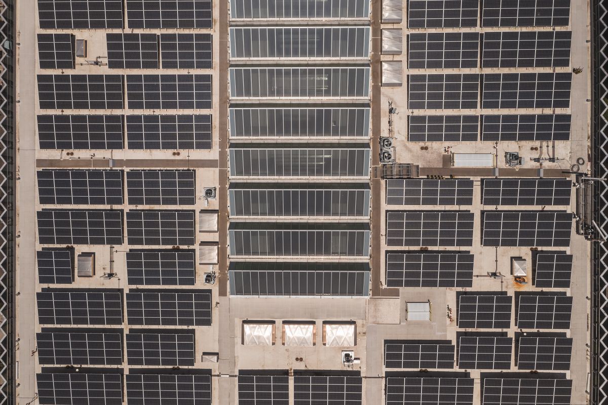 Aerial view of a large solar panel array