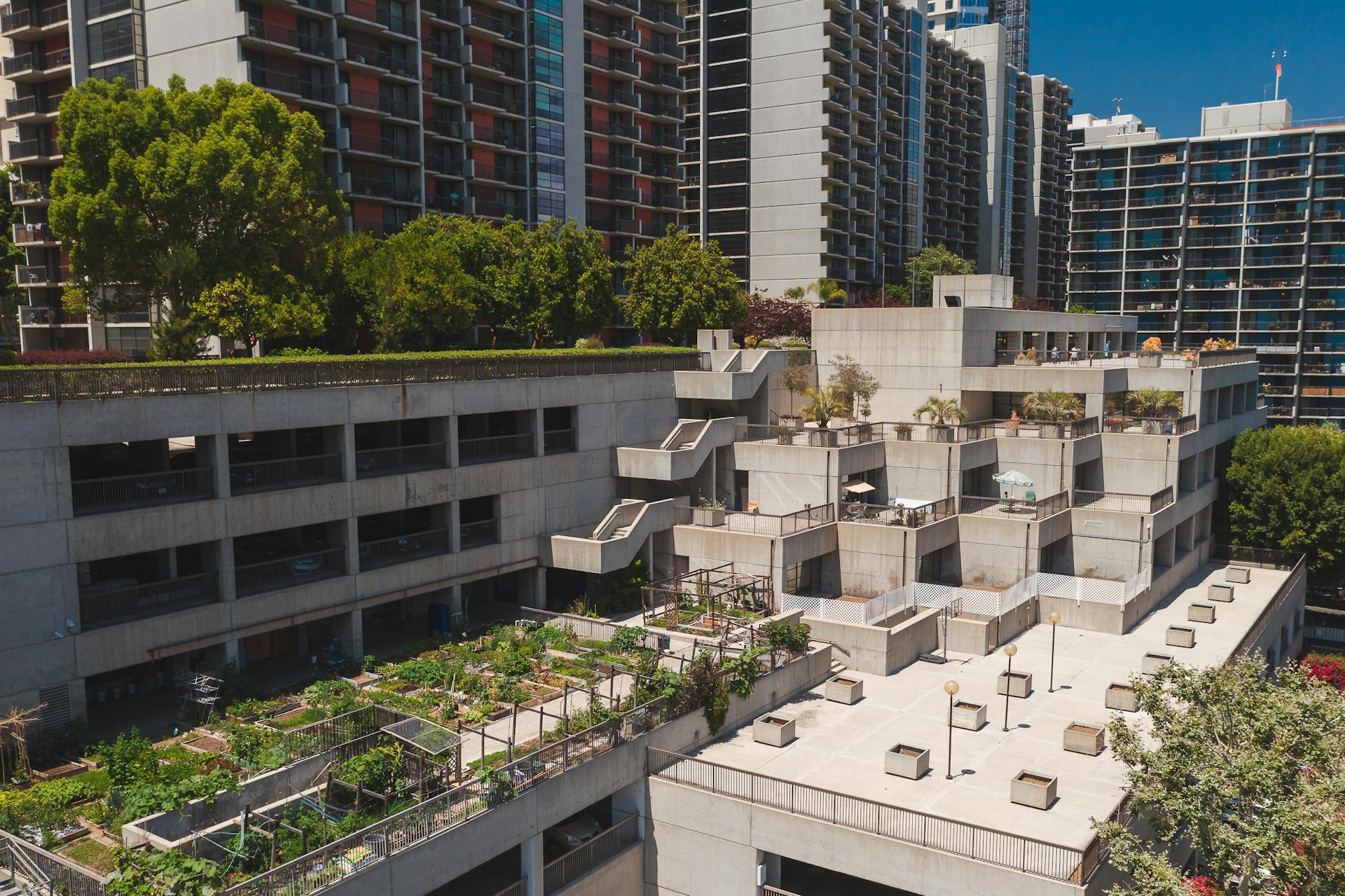 Aerial view of a rooftop garden on a concrete building in an urban area with high-rise apartments.