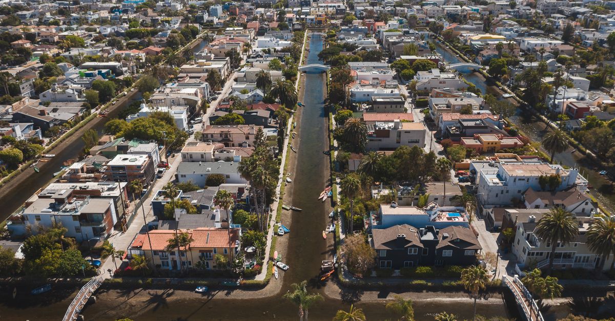A stunning aerial view of the Venice Canals district in Los Angeles on a sunny day.