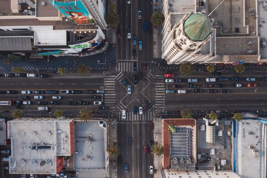 Aerial view of a busy intersection at Hollywood Boulevard in Los Angeles, showcasing urban life.