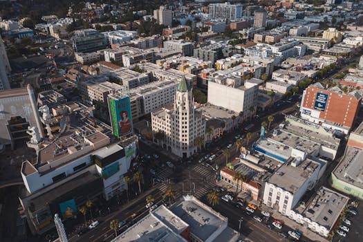 A stunning aerial view capturing the dynamic urban landscape of Hollywood Boulevard in Los Angeles.