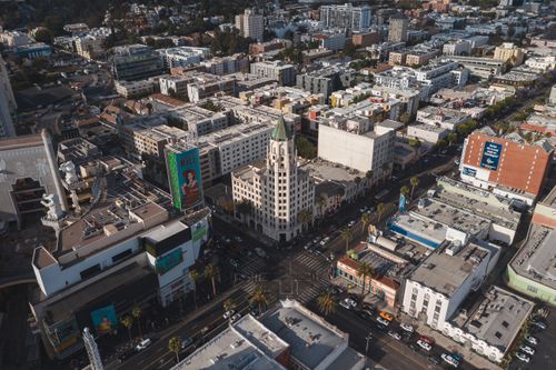 Free A stunning aerial view capturing the dynamic urban landscape of Hollywood Boulevard in Los Angeles. Stock Photo