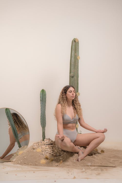 Woman in Gray Panty and Bra Sitting Beside Cactus