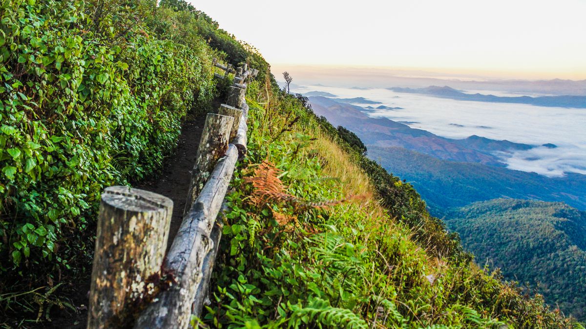 Scenic mountain path with wooden fence overlooking a verdant valley and clouds.