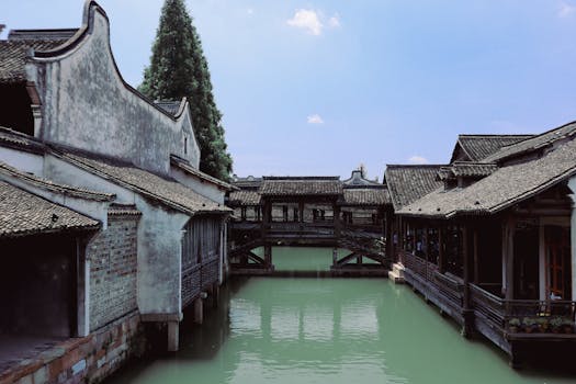 Charming Chinese water town scene with traditional architecture over a tranquil canal, clear sky.