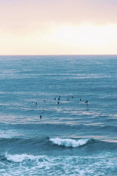 Group of surfers on calm sea waves, outdoor tranquil view at sunset, ideal for summer sports and travel themes.