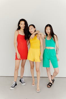 Three women in colorful outfits pose against a white wall, showcasing summer fashion and friendship.