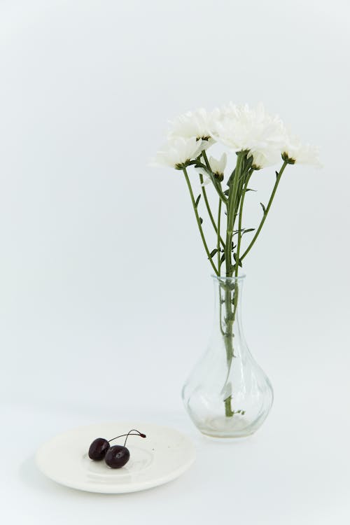 White Flowers in Bloom in Clear Glass Vase