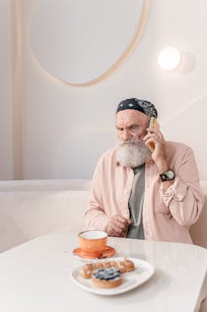 Senior man with beard sits in cafe, talking on phone and enjoying coffee and pastries.