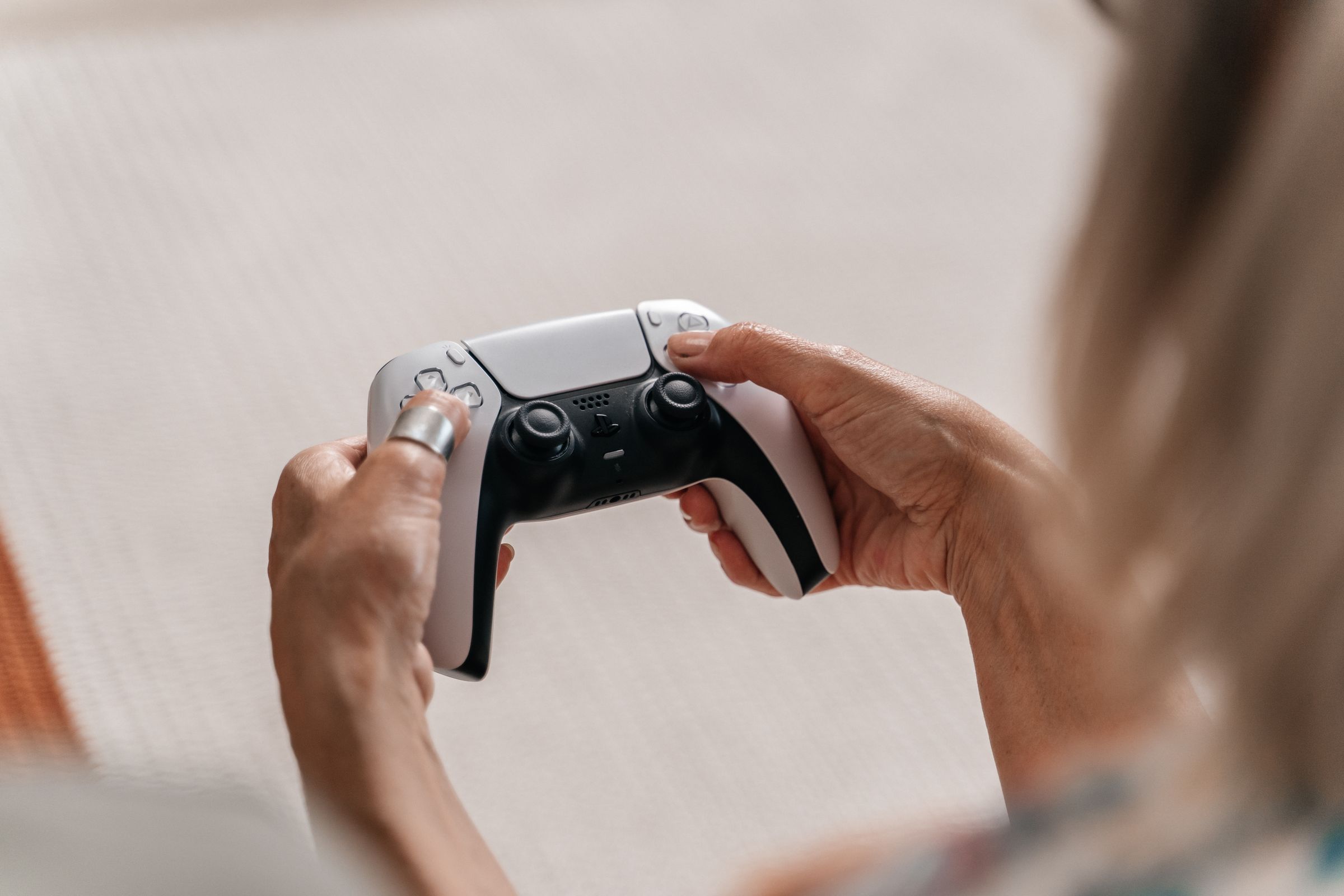 Close focused view of a game controller in active use