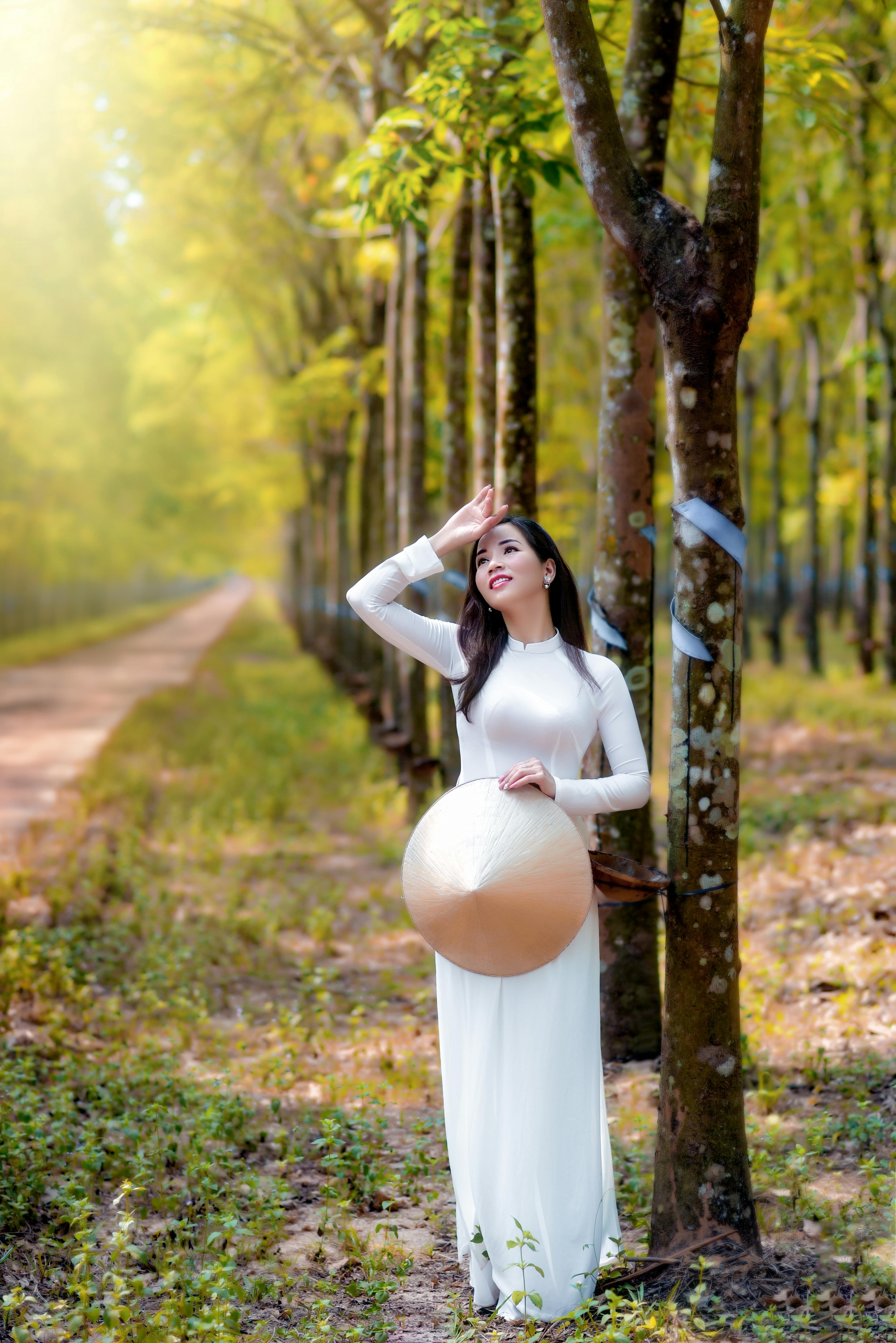 Asian woman wearing an Ao Dai and conical hat, standing in a serene forest path lined with trees.