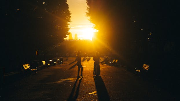 Silhouetted people in a park during sunset surrounded by benches and warm sunlight.