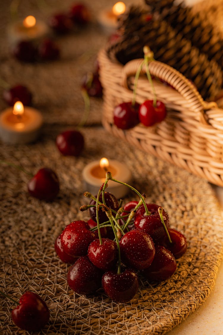 Close-up Photo Of Wet Cherries