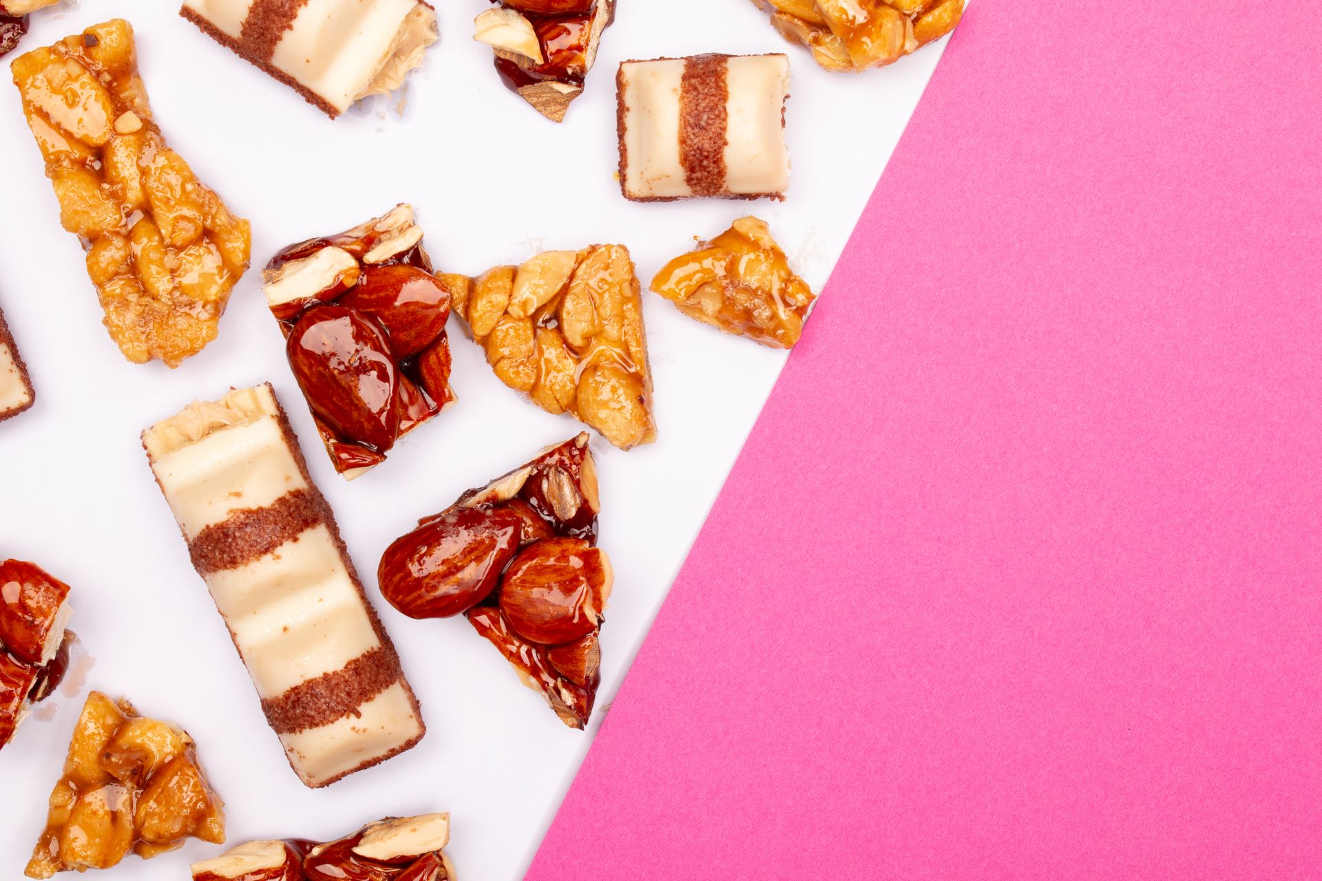 Pink and White Surface with Caramel Coated Nuts