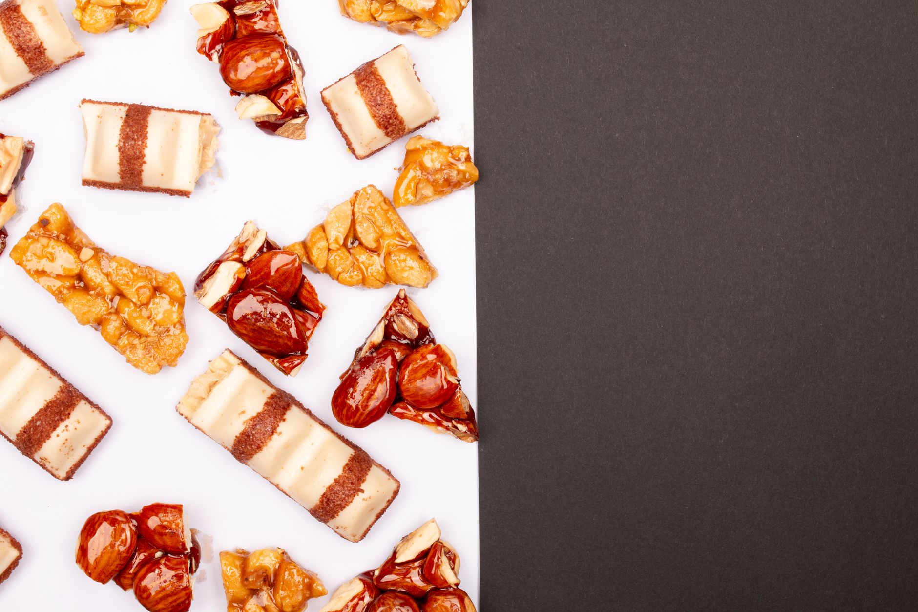 Close-up of toffee and peanut popcorn clusters