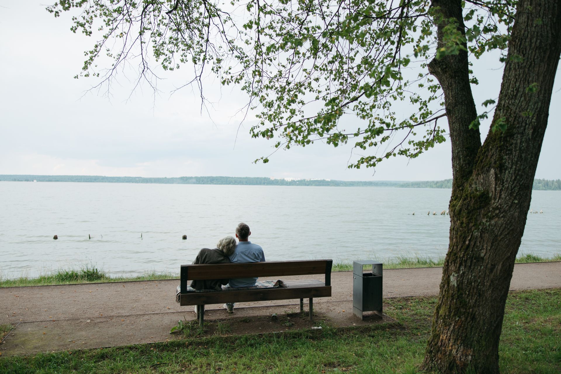 Backview of Elderly Couple sitting on a Bench