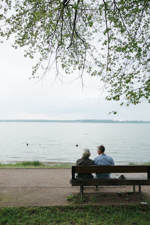 Free Backview of Elderly Couple sitting on a Bench Stock Photo