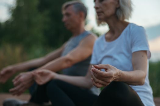 Senior couple practicing meditation outdoors, focusing on mindfulness and tranquility.