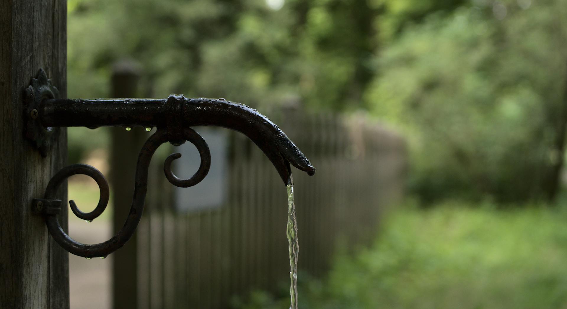 Close-up of a rustic iron water spout against a blurred garden background.