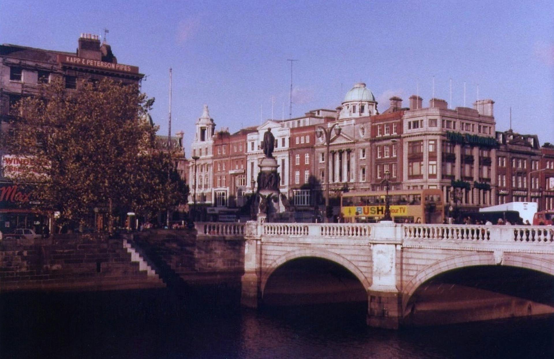 A classic view of Dublin from the riverside showcasing historical architecture and iconic bridges.