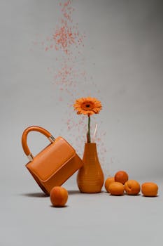 Stylish arrangement of orange purse, flower, and apricots in modern still life.