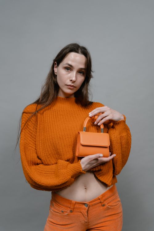 Free Fashionable woman posing in orange sweater and jeans with matching handbag. Studio setting. Stock Photo