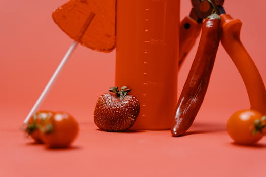 Colorful still life featuring red fruits and kitchen tools against a red backdrop.