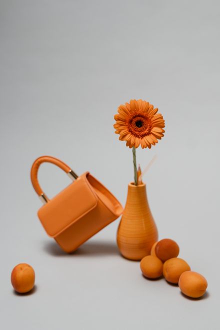 Ochre leather bag arranged with a vase and apricots — photo by MART PRODUCTION on Pexels
