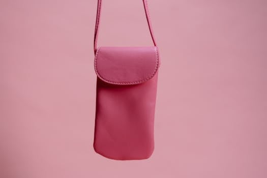 Elegant pink leather sling bag hanging against a plain background.