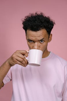Young man sipping drink from mug with pastel pink background, casual and relaxed.