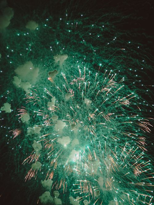 Free Vibrant green fireworks explode brilliantly in the night's sky, creating a festive atmosphere. Stock Photo