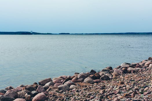在晴朗的天空下，鹅卵石遍布的海岸与广阔的湖泊构成了一幅宁静的景象
