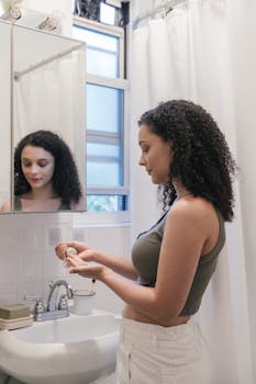 Young woman with curly hair applying face cream in front of a bathroom mirror.