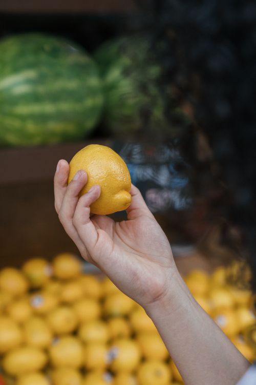 Free Close-up of a hand holding a fresh lemon at a market with watermelons in the background. Stock Photo